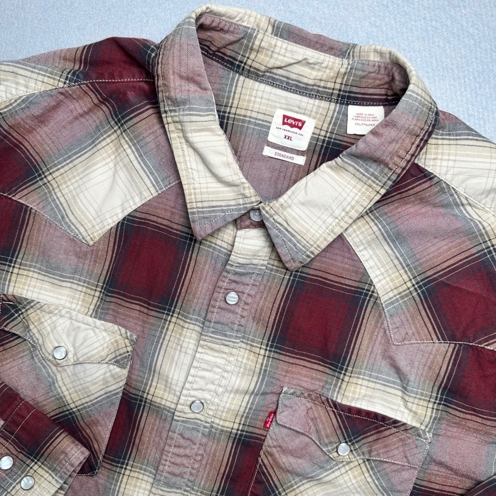 Levis Western Shirt Mens XXL Burgundy Tan Plaid Pearl Snap Cotton Long Sleeve